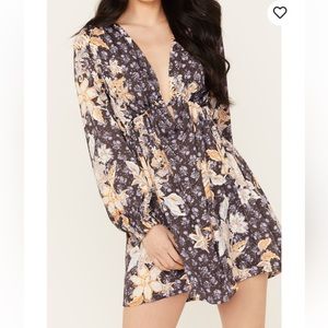 Free People Floral Mini Dress - Black and Orange